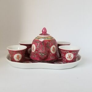 Vintage Mun Shou Jingdezhen Red Rose Longevity Miniature Chinese Tea Set